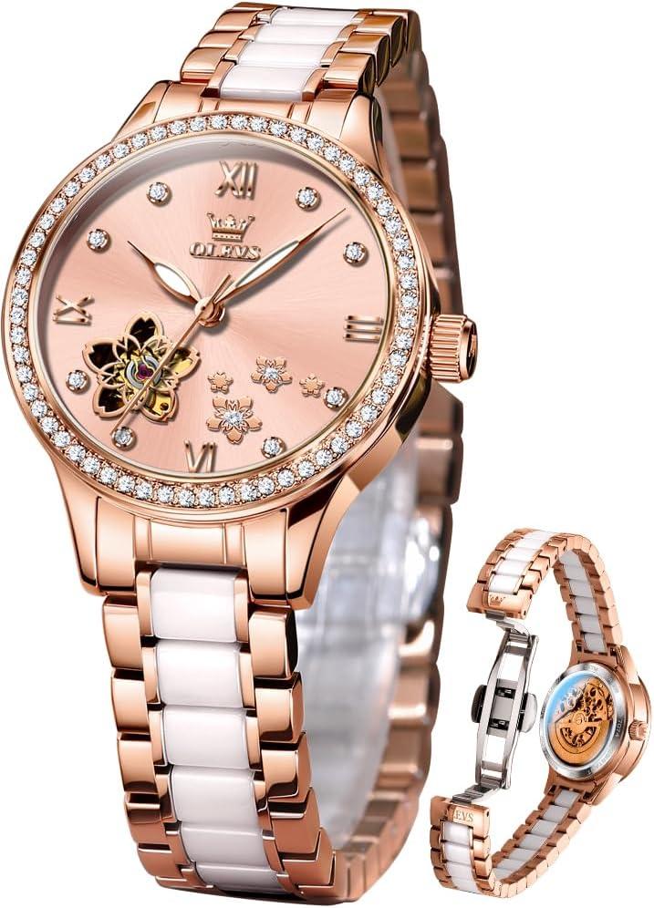 OLEVS Womens Watches Automatic Luxury Dress Ladies Watch Ceramic Strap Rose Gold Self Winding Female Wrist Watch