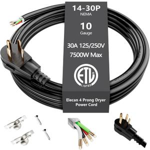 Elecan 4-Prong Dryer Power Cord 4 Ft Black, 30 Amp Appliance Power Cord with Dryer Replacement Plug, 4 Color-Coded Wire, Eyelet Connectors, NEMA 14-30P to 4-Wire, 10 AWG SRDT, ETL Listed