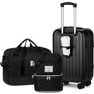 Yorige Luggage Sets for Women Men 4 Piece - Carry on Hardside Suitcase 20inch with USB Port, 360 Spinner Wheels, Duffel Bag, Cup Holder, Lightweight Luggage Set for Travel Vacation (Black)
