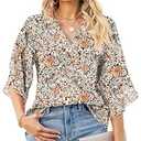 Women's Flowy Chiffon Blouse Shirts 3/ 4 Flutter Sleeve V Neck Casual Summer Solid Loose Fit Tops (Black/ Orange Floral S)
