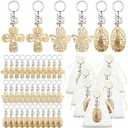 Hicarer 30 Pcs Baptism Key Ring Bautizo Recuerdos De Bautizo Para Cross Wooden Keychain with Organza Gift Bags Baptism Favor (White Pearls) 30 Pcs