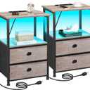 LOAKEKEL Night Stand Set 2, LED Nightstand with Charging Station, End Tables with Storage Shelf, Bedside Table with 2 Fabric Drawers for Bedroom, Small Spaces, Grey HETS02PGY