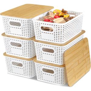 EOENVIVS Plastic Storage Baskets with Bamboo Lids for Pantry Organization and Storage Containers Bins for Shelves Drawers Desktop Closet Playroom Classroom Office Home, 6 Pack, White