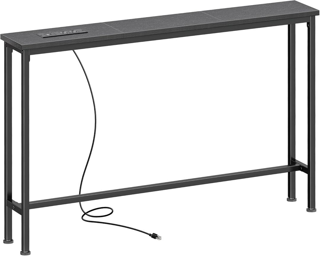 SUPERJARE 5.7 Inch Console Table with Outlet, Sofa Table, Behind Couch Table, 5.7 x 39.4 x 29.7 Inches, Metal Frame, Charging Station, for Living Room, Black