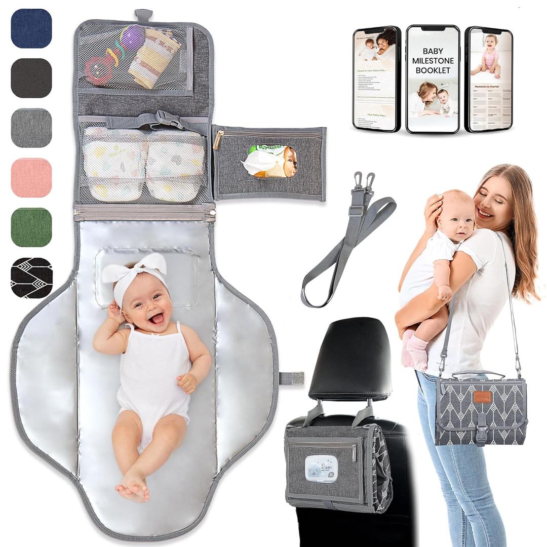 Portable Changing Pad for Baby Shower Gifts & New Mom Gifts, Travel Diaper Changing Pad for Newborn, Large Waterproof Baby Changing Mat, Foldable & Detachable Diaper Changing Station by Pillani (Grey Pattern)
