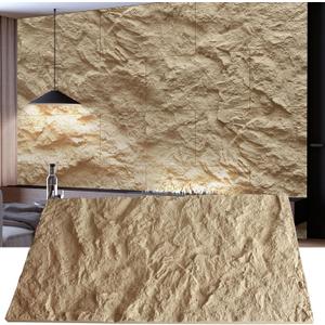 KASARO 3D Faux Stone Wall Panels, 4 PCS PU Wainscoting Panel for Interior Wall Decor, Cement Texture Thicker Accent for Home, Office, 43.3 23.6 inch, Golden Hemp