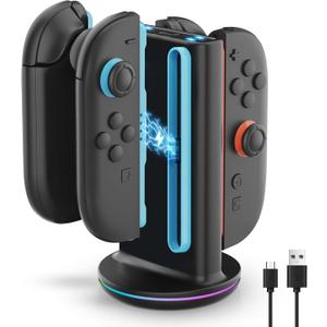 Charging Dock for NS2 Joypad – 4-in-1 Controller Charging Station with LED Indicator & 9 Light Effects, Type-C Powered, Compatible with Original Switch 2 Dock and Joypad
