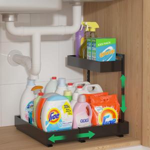 REALINN Expandable Under Sink Organizers and Storage, 2 Tier Under Cabinet Organizer, Heights Adjustable Pull Out Rack for Kitchen Bathroom Laundry, Black, 1 Pack