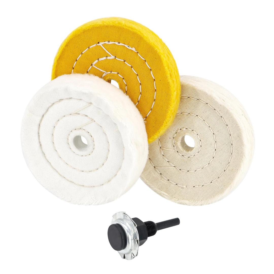SCOTTCHEN 4" Buffing Polishing Wheel - 1/4" Handle, 1/2" Arbor Hole, Fine, Ultra Fine, Treated Yellow Cotton - 3 Pcs