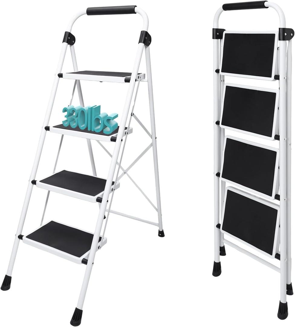 OLIXIS 4 Step Ladder, 330lbs Capacity Foldable Step Stool with Anti-Slip Pedal, Sturdy Steel Ladder & Comfortable Handrail, Protable Heavy Duty Step Stool for Kitchen, Garage, Outdoor Use - Black