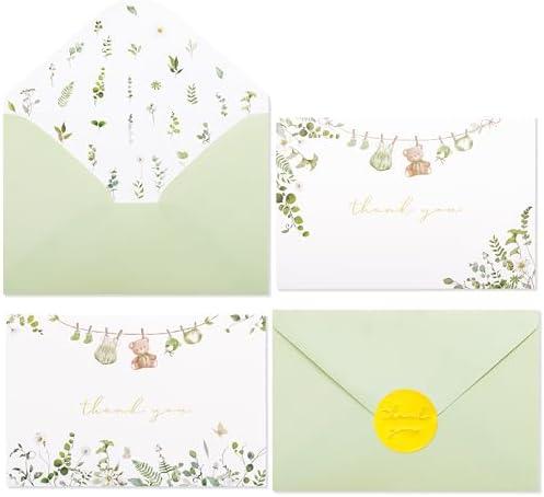 Crisky Sage Green Baby Shower Thank You Cards with Envelopes & Stickers(50 Pack), Eucalyptus Baby Thank You Cards Bulk with Watercolor Wildflower Design for Newborn Boy Girl Birthday