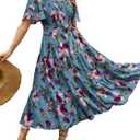 Amegoya Women's Flowy Summer Boho Floral Midi Dress Casual Square Neck Smocked Cottagecore Dress (Blue Floral M)