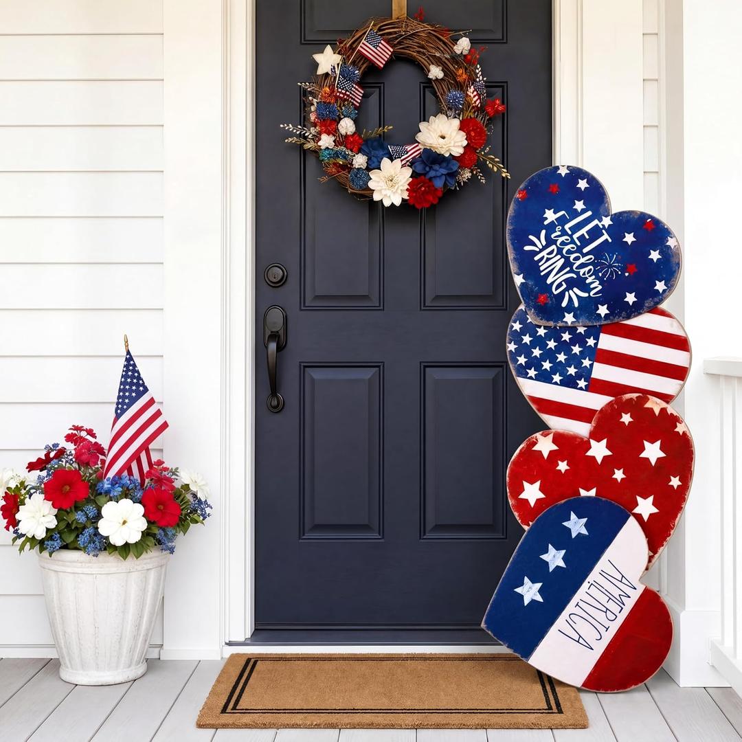  Novabright 4th of July Porch Sign 41 x 18" Patriotic Wooden Heart Vertical Door Sign with America Let Freedom Ring Words 250th Anniversary Patriotic Decor for Front Door Independence Day Yard Decor