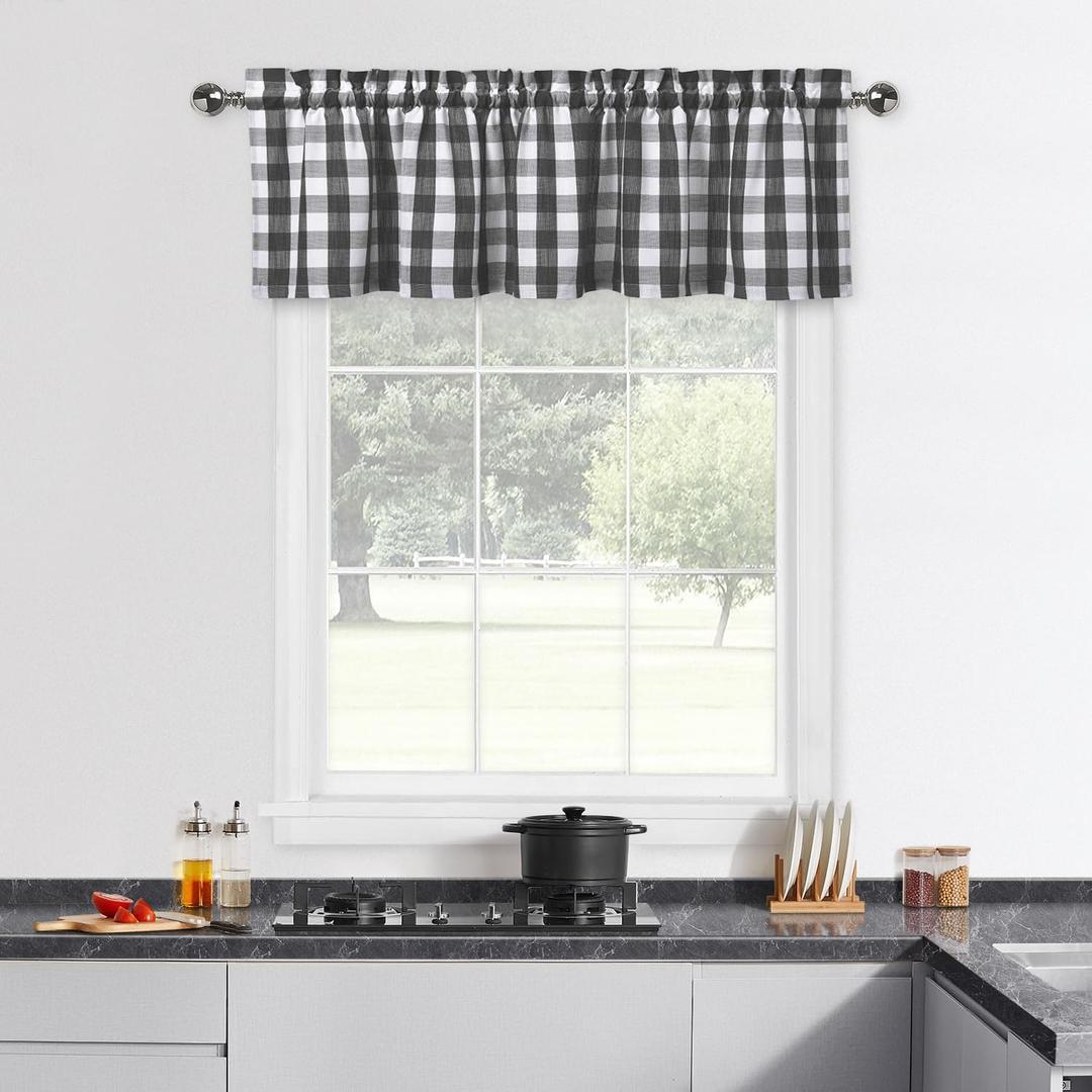 Black and White Buffalo Plaid Checkerd Caf Valances Curains for Kitchen, Gingham Thick Rod Pocket Farmhouse Window Treatment Valance Curtains for Window Bathroom, 55 x 15 inch