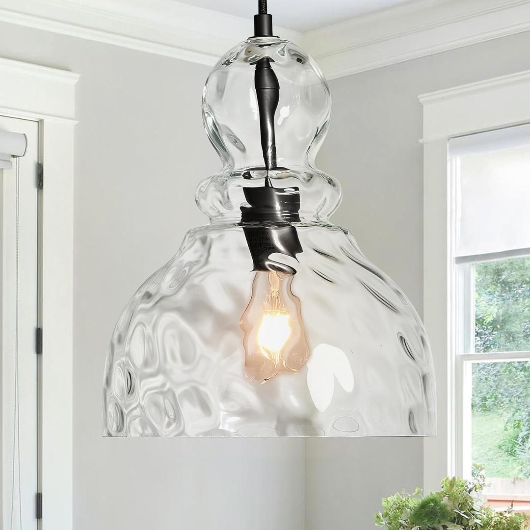 Hammered Glass Pendant Light for Kitchen Island Black Pendant Hanging Light 10inch Large Glass Pendant Lights for Kitchen Sink Dining Room Hallway Entrance, 10in, E26, 10inch,1pack