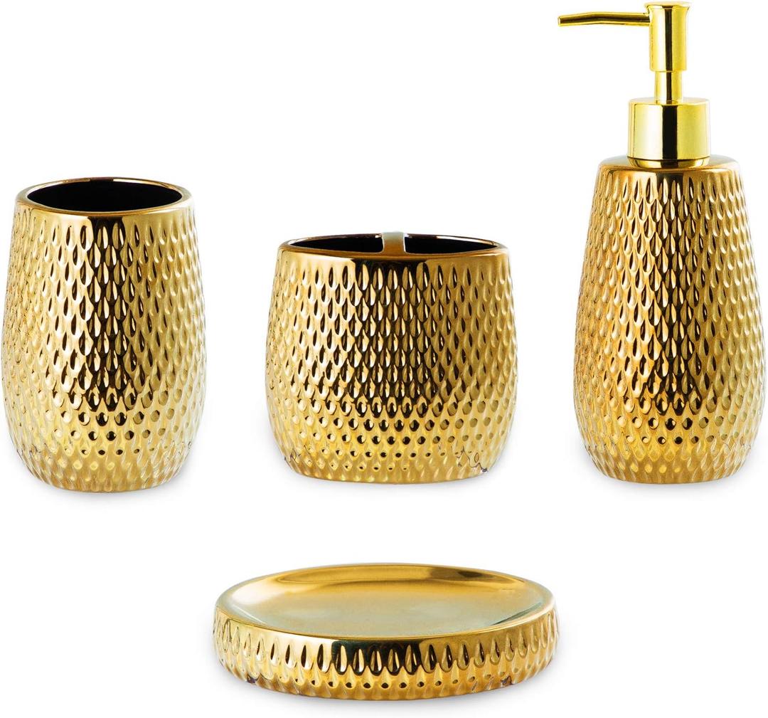 Gold Bathroom Accessory Set 4 Piece Ceramic Bath Accessories Sets Complete, Rain- Drop Shaped Bathroom Essential with Toothbrush Holder & Dish, Tumbler, Soap Dispenser Set for Bath Decor