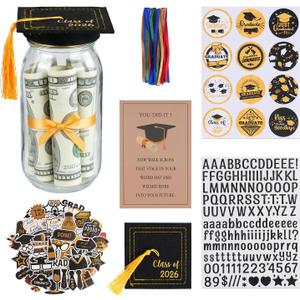 2026 Graduation Gifts, Personalized Name Graduation Mason Jar, Class Of 2026 Cap Kit, Filled With Ribbon, 50pcs Stickers, Congrats Decorations Party Supplies For Him Her Women Men College High School