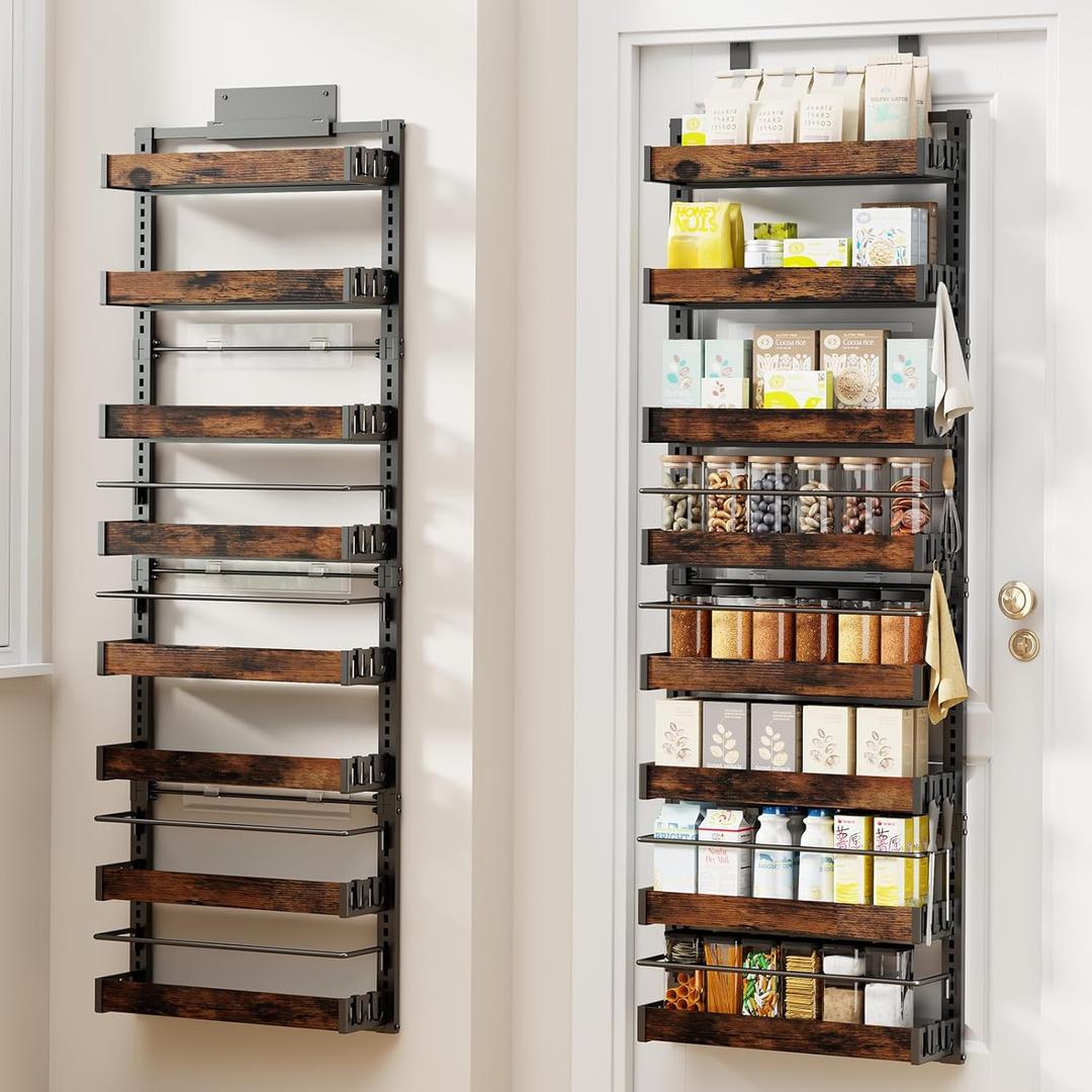8 Tier Over The Door Pantry Organizer, 2 IN 1 Wall Mount or Metal Hanging Spice Rack for Pantry Organizers and Storage, Seasoning ShelvesAdjustable Basket with Hooks for Kitchen Cabinet and Closet (Black)