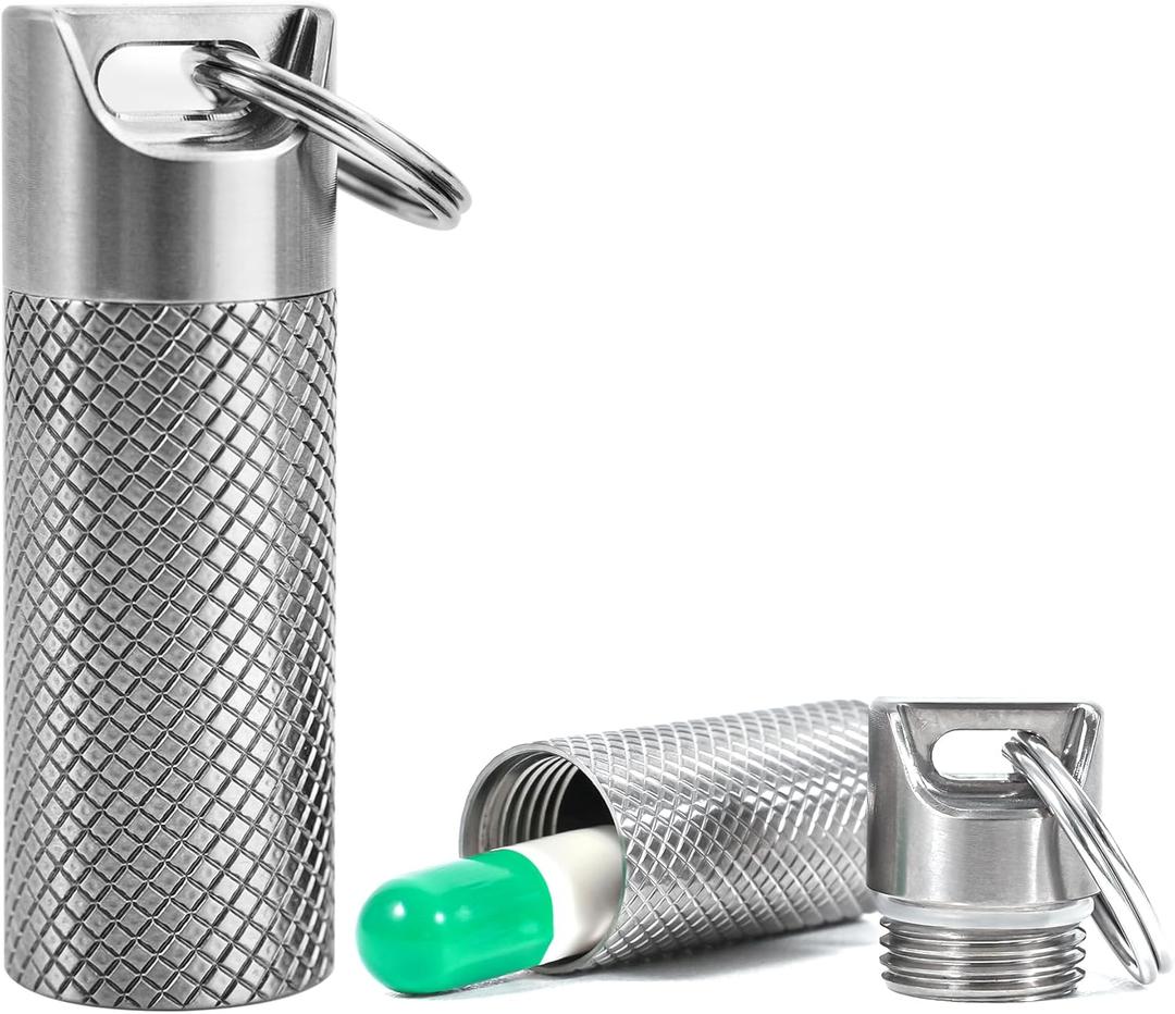 TISKY Mini Pill Box Container (2Pack), Portable Titanium Waterproof Keychain Pill Holder with Extra Necklace, Pocket Small Pill Case Pill Fob for Outdoor Travel Purse (Minisize)