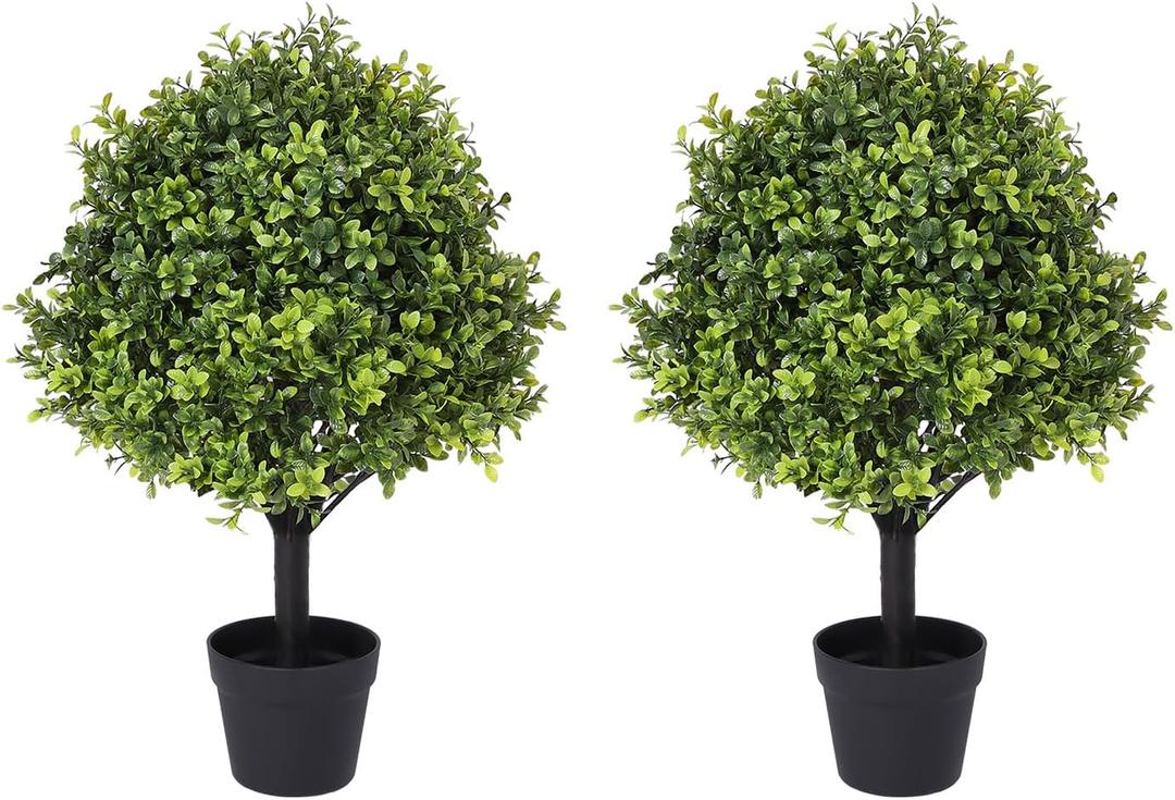 27" Faux Boxwood Plants Outdoor Set of 2, UV-Resistant Topiary Trees Artificial Outdoor Bushes & Shrubs, Realistic Fake Plants Evergreen for Planters Front Porch Outside Decor 2.3ft