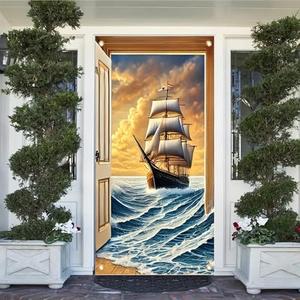 Tomhong Ocean Sailing Door Cover Banner 71x35 Inch Vintage Ship on Waves Nautical Sunset Scene Decoration Indoor Outdoor Front Door Porch Home Decor