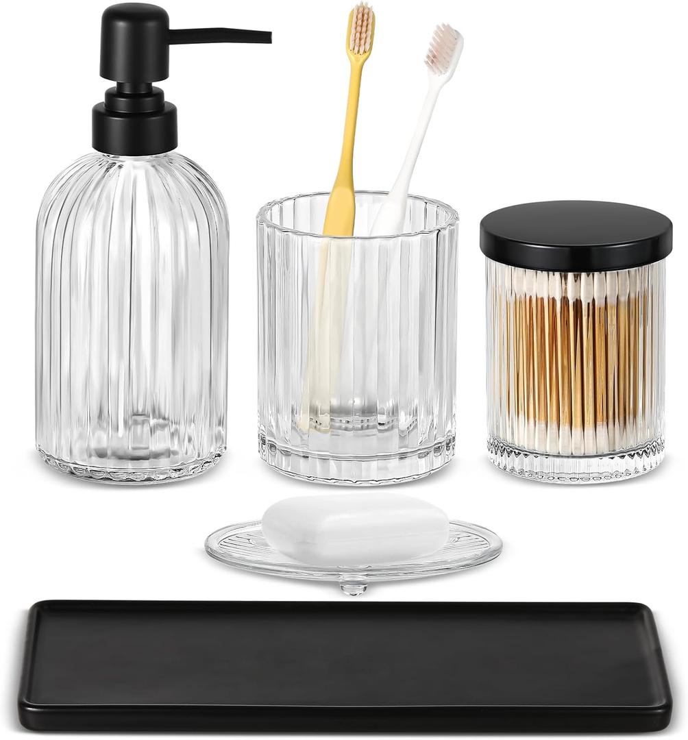 Shinowa Bathroom Accessories Set, 5 Pcs Clear Glass Bathroom Accessory Sets Complete with Soap Dispenser, Toothbrush Holder, Q-Tips Holder, Soap Dish, Ceramic Tray, Countertop Vanity Organizer