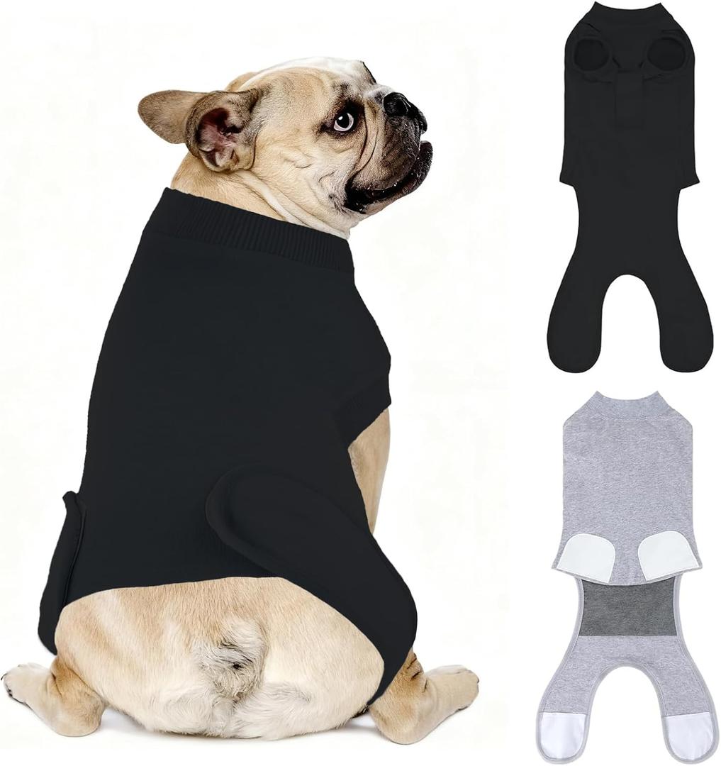 2 Packs Breathable Cotton Dog Recovery Suit for After Neuter Spay Abdominal Wounds Protector, Professional Anti-Licking Onesies for Male Female Pets Surgery Bandages, M Black Grey Pure