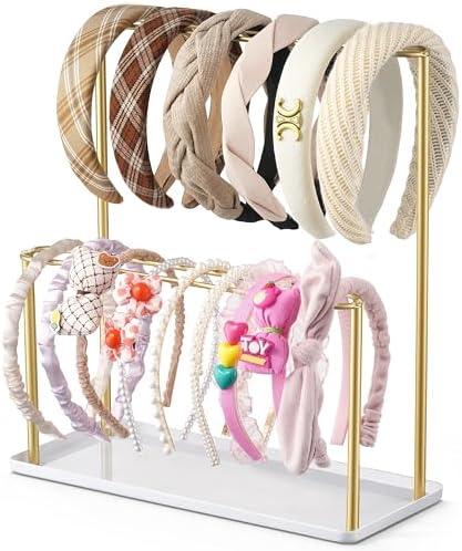 Josmimic Headband Holder Organizer Metal 2-Tier with Tray: Hair Accessories Display Stand Storage Hairband Rack Necklace Stand Home Bedroom for Girls Women, Gold