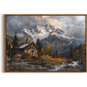 KISSFOX Framed Wall Art Vintage Wall Decor Landscape Pictures Snow Mountain Canvas Art Winter Cottage Paintings Farmhouse Artwork For Bedroom Living Room Kitchen, 36"L x 24"W