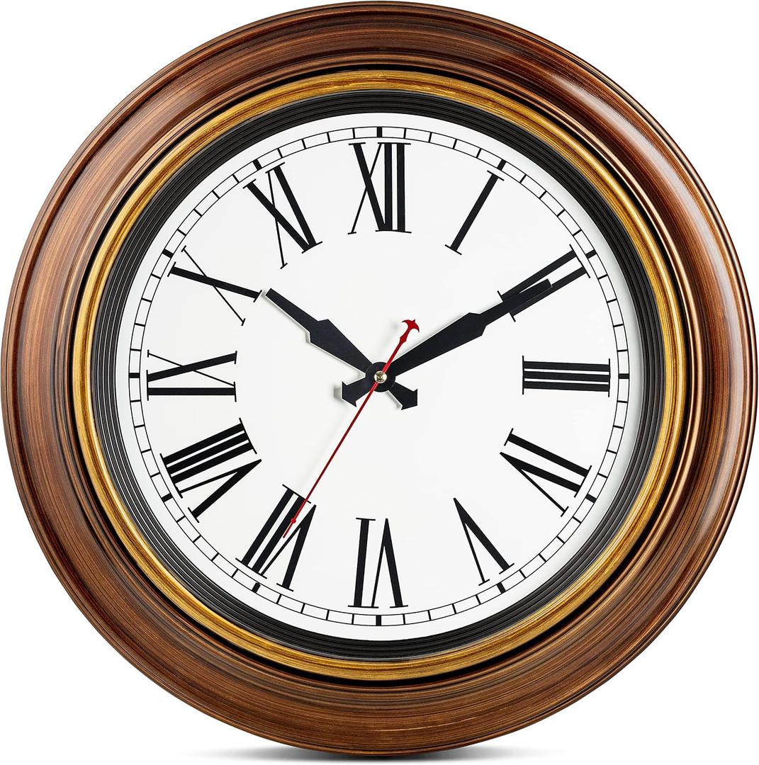 Bernhard Products Extra Large Wall Clock 18 Inch Quality Quartz Silent Non Ticking, Battery Operated for Home/Living Room/Over Fireplace Beautiful Decorative Roman Numeral Stylish Clock, Light Brown