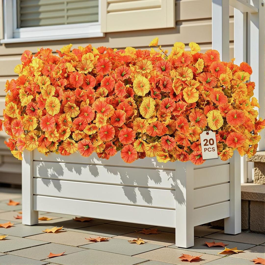 2 x Alupssuc 20 Bundles Artificial Fall Flowers for Outdoors Decoration, UV Resistant Silk Colorful Morning Glory Realistic Faux Flowers Plants for Planter Porch Patio Yard Balcony, Fall Yellow&Orange