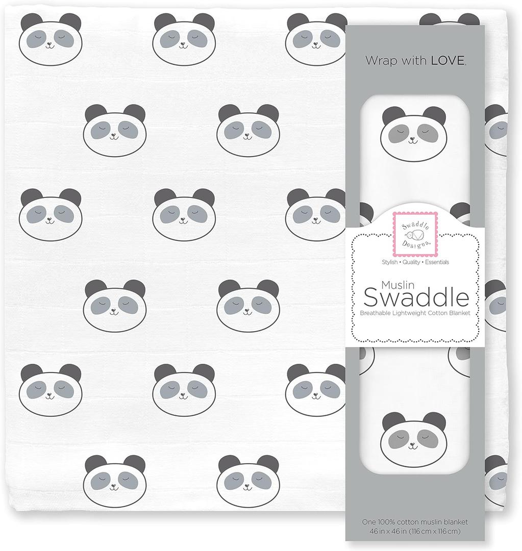 SwaddleDesigns Cotton Muslin Swaddle Blanket, Receiving Blanket for Boys & Girls, Best Shower Gift, 46x46 inches, Black Panda