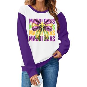 LUKYCILD Women Mardi Gras Sweatshirts Carnival Sweatshirt Funny Mask Graphic Long Sleeve Shirt Fat Tuesday Pullover Top (X-Large, White and Purple)