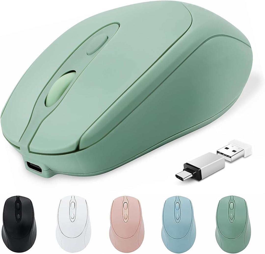 Wireless Bluetooth Mouse USBC for MacBook Air Laptop, USB C Rechargeable Wireless Mouse Compatible with Mac Desktop/Surface Pro Portable Computer Mice (BT5.2/3.0, 2.4G USB A, Type-C) (Green)