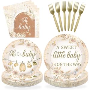 96Pcs Boho Baby Shower Decorations A Sweet Little Baby Is On The Way Plates and Napkins Brown Floral Decorations for Kids Neutral Baby Shower Gender Reveal Party Supplies Serves 24