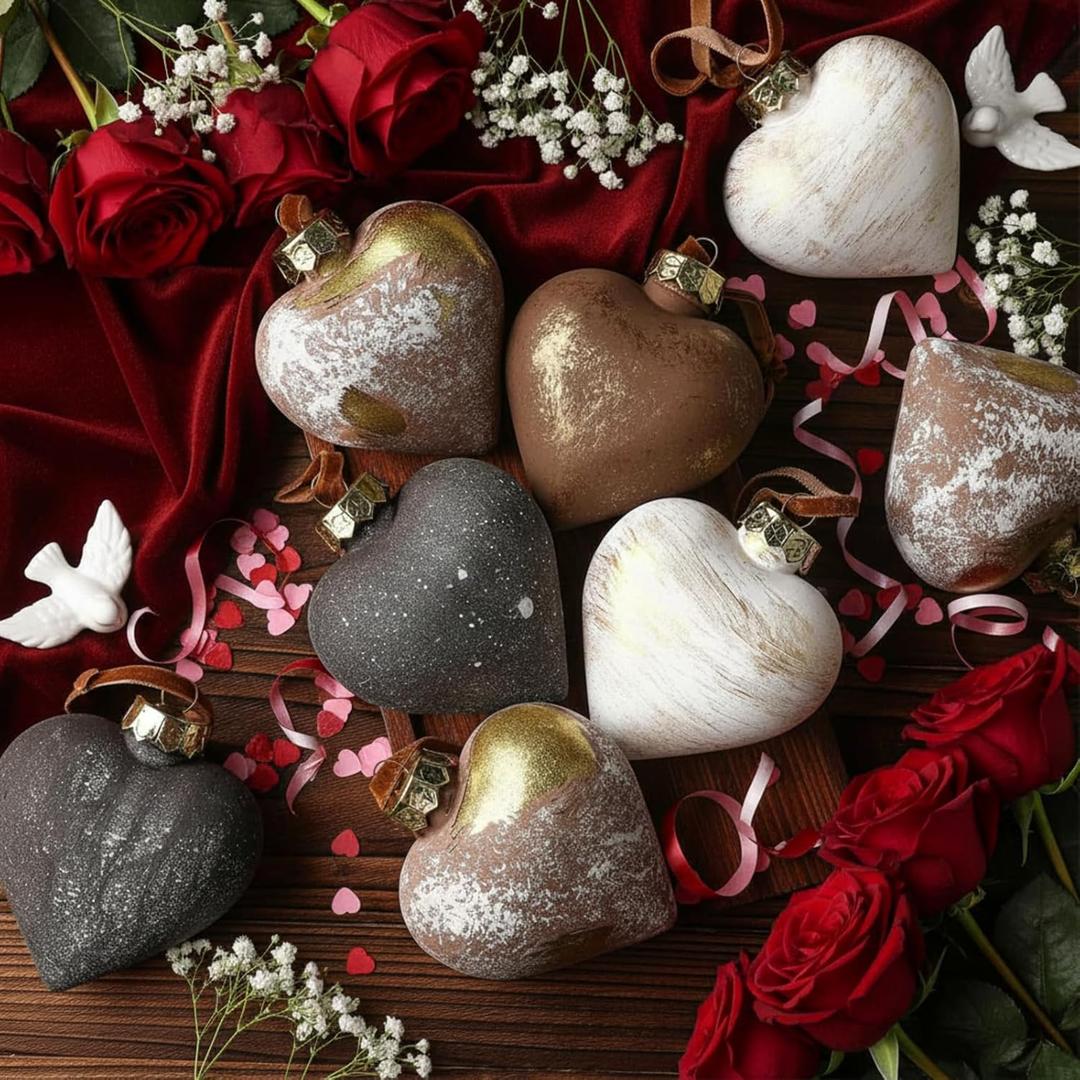 Simgoing 12 Pcs Neutral Valentine's Day Heart Ornaments 3.54 Inch Rustic Plastic Brown Heart Ornament Shatterproof Farmhouse Primitive Antique Modern Valentines Day Decor for Christmas Tree Home Decor
