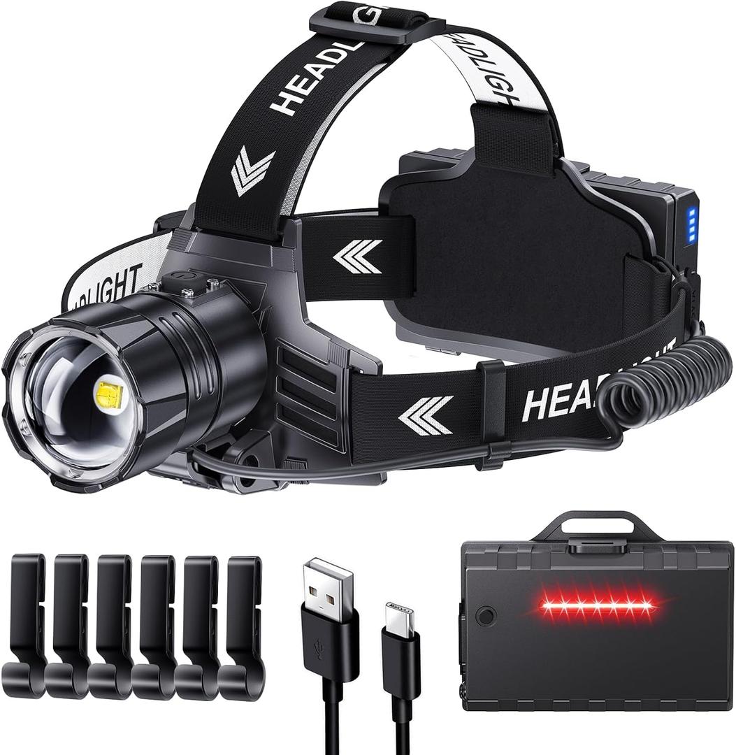 Sinvimes 99000 High Lux LED Rechargeable Headlamp, 95H Long Battery Life Head Lamp with 5 Modes & IPX7 Waterproof & Zoomable, 125 Adjustable Head Light for Adults, Outdoor, Camping, Hardhat
