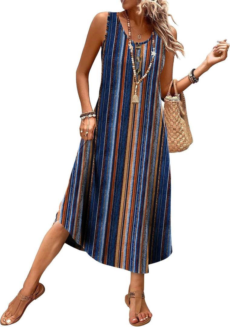 WIHOLL Summer Dresses for Women Scoop Neck Flowy Beach Vacation Clothes Spring Casual Dresses Midi Sun Dress Maxi Dress Cruise Resort Wear 2026 Summer Outfits Sundresses for Women Blue Stripe L