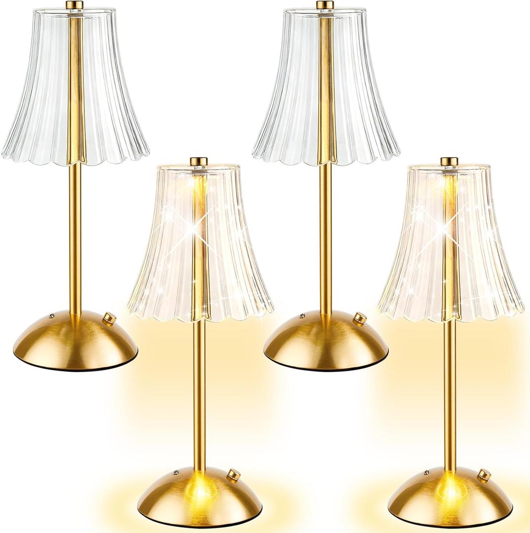 4 Pcs Cordless Table Lamp Gold Cordless Battery Operated Touch Table Lamps Rechargeable 3 Color Dimmable LED Portable Flower Lamp for Bedroom Living Room Kitchen Dining Outdoor