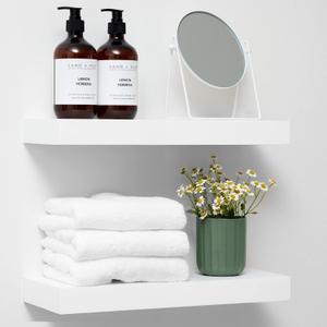 Homeforia White Floating Shelf 18 inch, High End Solid Real Wood 18inch Bathroom Floating Shelves for Wall Mounted, White Wooden 18in Floating Shelves, Heavy Duty Bracket, 18 X 6.5 X 1.75 in, Set of 2 (Classic White - Soft Neutral Satin)