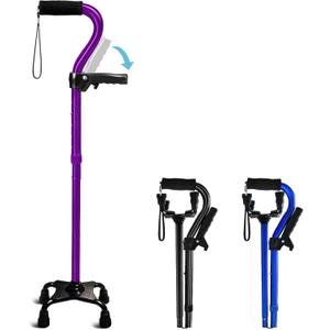 Adjustable Walking Cane for Men & Women with 4-Pronged Base for Extra Stability - Foldable Cane for Seniors with Foam Padded Offset Handle for Soft Grip & a Second Handle for Standing (Purple)