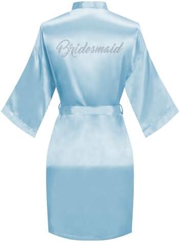North Bund Women's Kimono Bride Bridesmaid Robes with Rhinestones Short Satin Bathrobes Wedding Party Getting Ready Day One Size