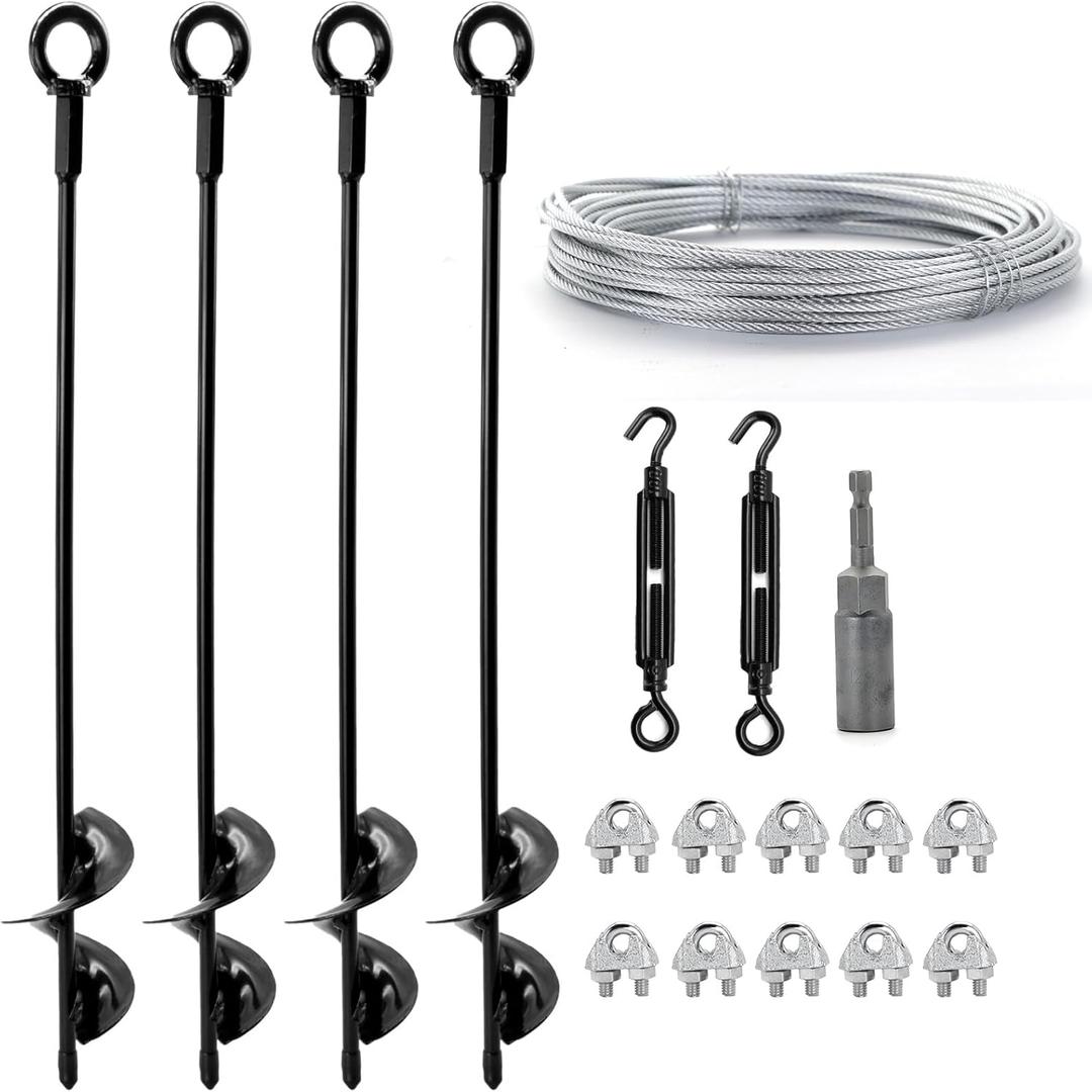 4 Pack 18" Ground Anchors Shed Anchor Kit with 1/8" Galvanized Cable & Turnbuckles, Heavy Duty Earth Anchors for Sheds Canopy Gazebo Dog Runs Carport Tent