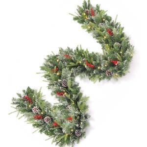 9FT Prelit Christmas Garland Decorations White Light, Snow Xmas Garland with Lights, Pulg in, for Outdoor Indoor, Home Decoration Mantle Stairs Railing Fireplace Outdoor Indoor Door