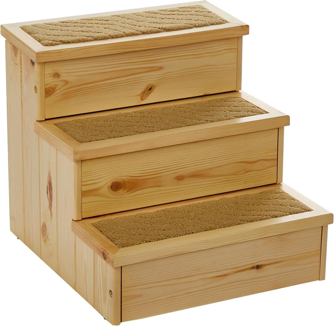 TRIXIE Wooden Dog Stairs with Nonslip Carpet - 3 Step Pet Stairs for Beds and Couches - with Additional Storage Space - in Natural