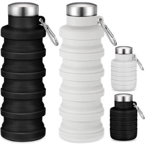 Baderke 2 Pcs Collapsible Water Bottles 17oz Silicone Travel Foldable Portable Water Bottle with Buckle Silicone Lightweight Reusable Leakproof for Camping Hiking Cycling Sport(Black, Gray White)
