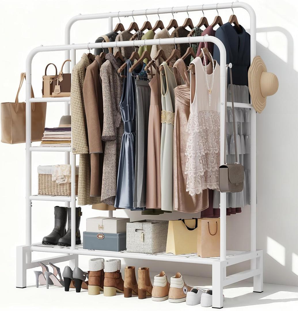 Clothes Rack for Hanging Clothes, Double Rods Clothing Rack with 3 Tier Storage Shelves, Multifunctional Heavy Duty Clothes Rack with Hooks for Bedroom, Laundry, Wardrobe Closet, White