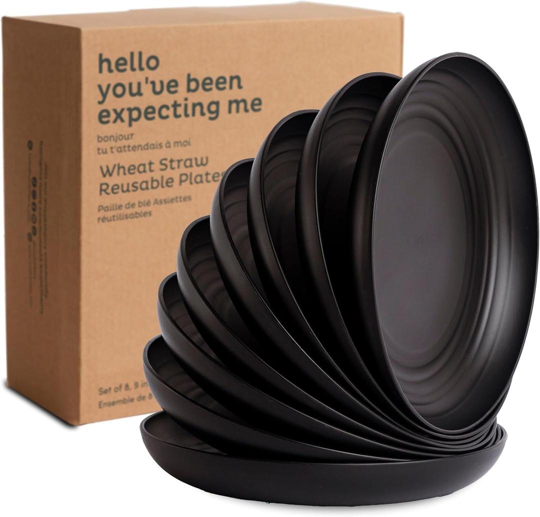 Nook Theory Reusable Wheat Straw Plates 8 Pcs - Non Toxic Kids and Toddler Plate, Microwavable, Dishwasher Safe and Unbreakable Dinnerware (Noir 9")