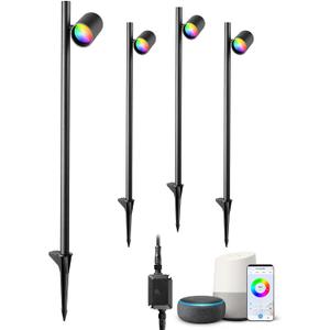 EDISHINE 48Ft Smart LED Landscape Lighting, 300LM Low Voltage Outdoor Spotlgiht, RGBW IP67 Waterproof 12V Landscape Lights, APP Control, Height & 320 Head Adjustable, Compatible with Alexa, 4 Pack