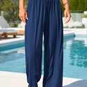MASCOMODA Women Casual Wide Leg Palazzo Lounge Pants Comfy Soft Loose Flowy Yoga Pants Smocked High Waisted Barrel Sweatpants (Blue, Medium)